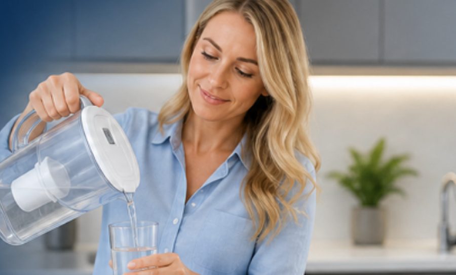 Woman pouring a glass of filtered water in her kitchen