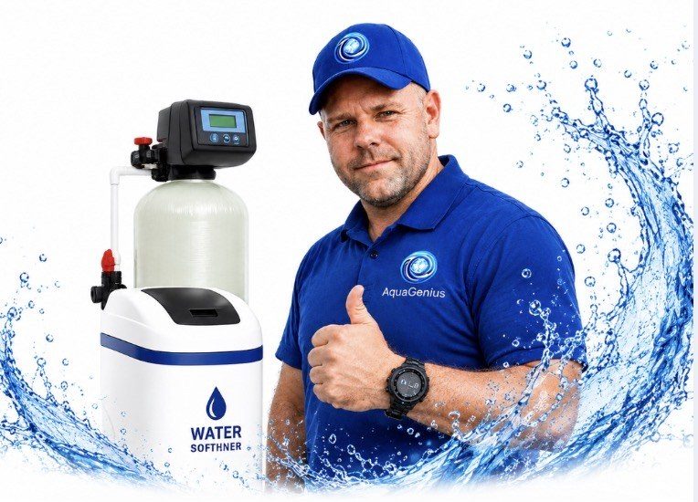 Water-treatment engineer standing beside a water softener