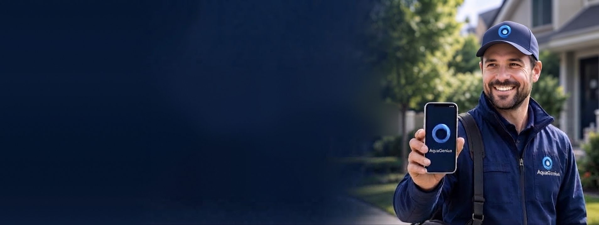 Smiling Aqua Genius engineer holding a phone showing the Aqua Genius app outside a customer&rsquo;s home